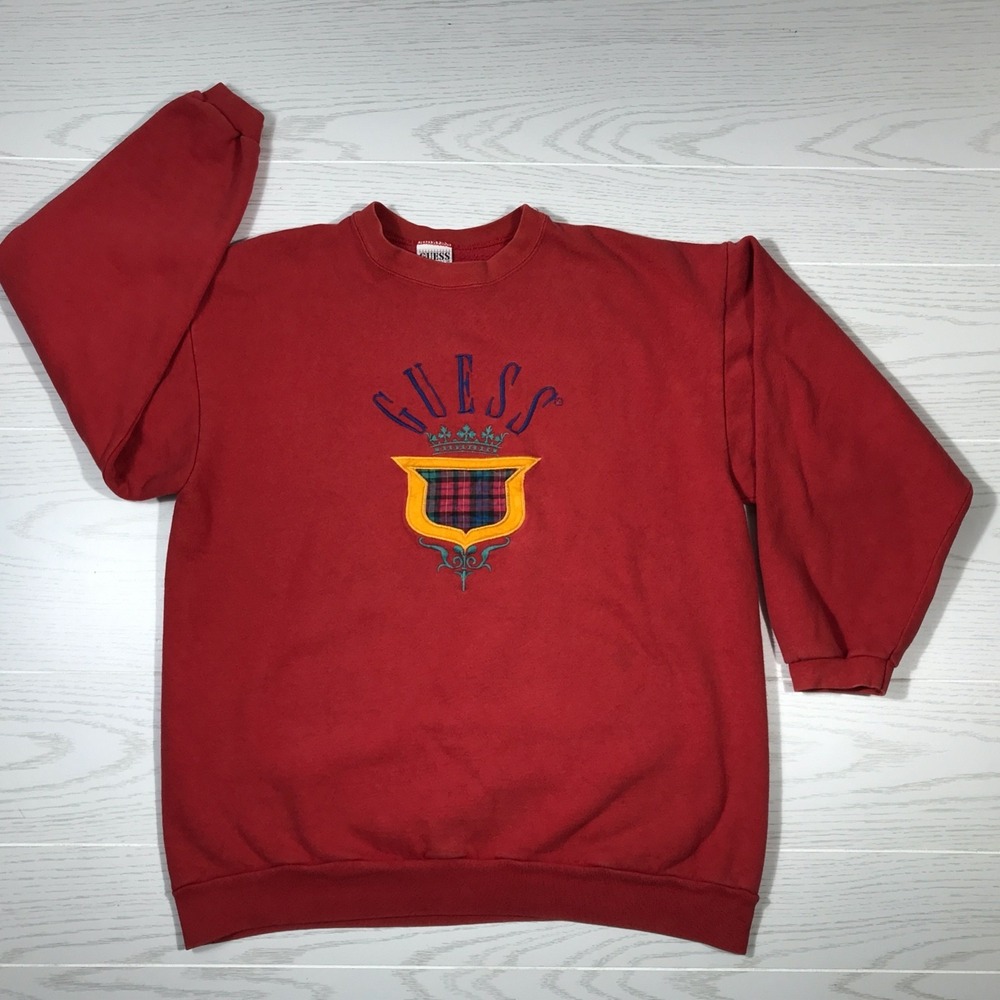 Vintage 90s Guess Sweatshirt Women XL Red Crewneck Chest Logo Fleece Made In USA